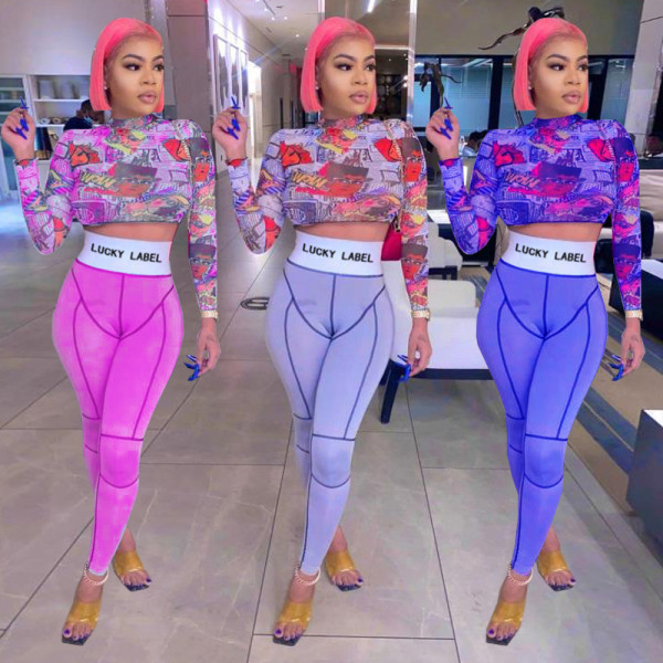 Fashion Pattern Printed Round Neck Long Sleeves Cropped Top Wit Trousers Two Piece Sets TK6136