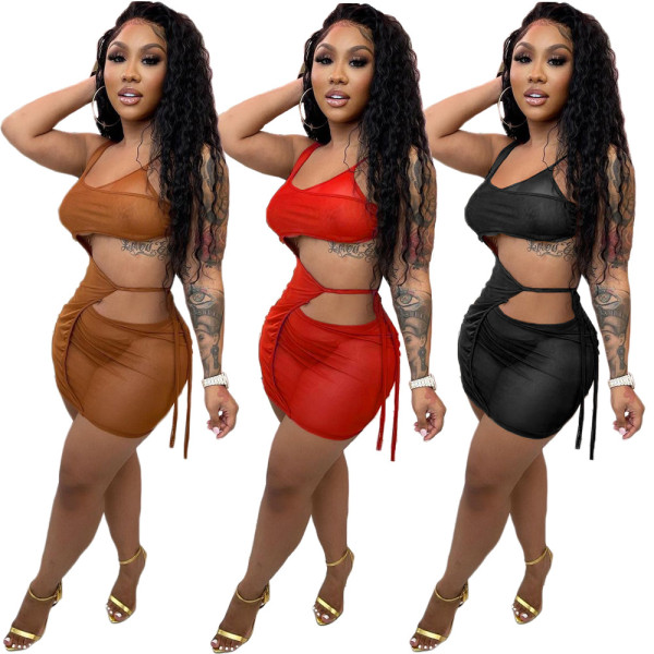Sexy net yarn tie rope dress SML163