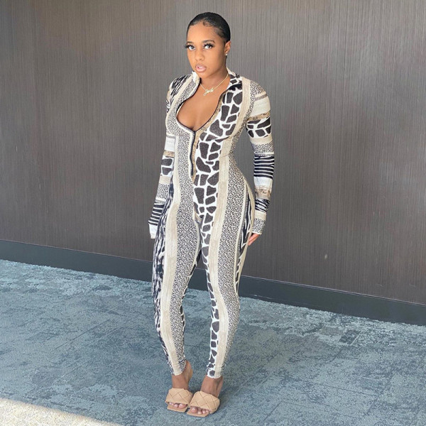 Stand-up collar zipper printing long-sleeved one-piece yoga suit P003531