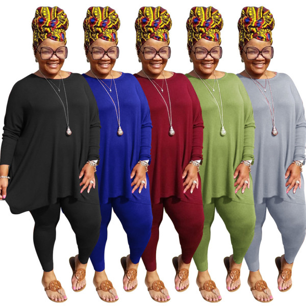 Casual Round Neck Long Sleeves Top With Trousers Plus Size Two Pieces Sets CCY1376