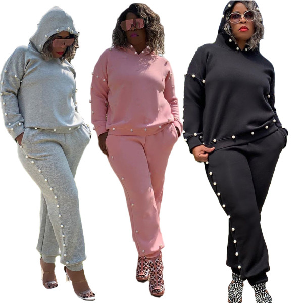 Casual Solid Color Long Sleeves Hooded Sweater Wit Trousers Two Piece Sets SSD1081