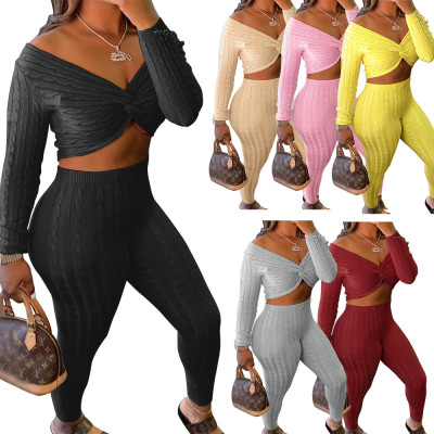 Sexy V-Neck Long Sleeves Cropped Top With Pants Sweater Two Piece Sets MA6610-2