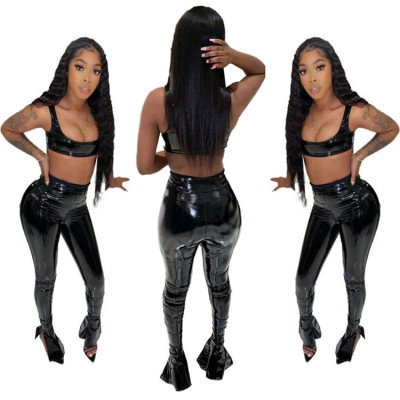 Sexy Leather Sleeveless Mini Vest With High Waist Split Pants LA3240