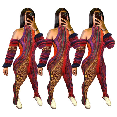 Fashion Tie Dye Printed Strapless Backless Split Pants Jumpsuit  H1586