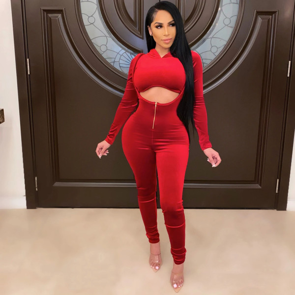 Fashion Velvet Long Sleeves Mini Hooded Sweater With Zipper High Waist Trousers Two Pieces Sets B74