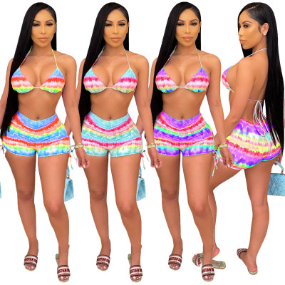 Womens printed pleated sexy split swimsuit bikini beach hot pants CM2108