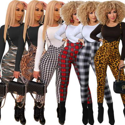 Fashion Round Neck Long Sleeves Top With Printed Trousers Skinny Two Piece Sets FX236
