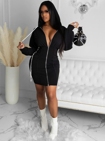 Fashion Strappy Zipper Long Sleeves Hooded Mini Skinny Sweater Dress D0A3517K