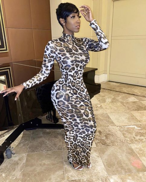Plus size women's halter back hip tight-fitting bag hip skirt long-sleeved leopard print dress FF106