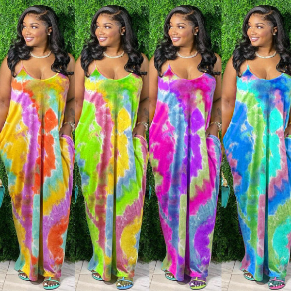 Summer new style sling tie-dye printing casual loose long skirt women CM2118