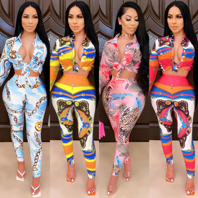 Fashion Pattern Printed Long Sleeves Mini Shirt With Trousers Two Piece Sets XZ3711