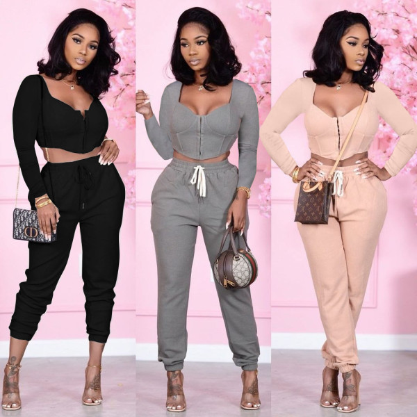 Fashion Square Collar Long Sleeves Cropped Top With Drawstring Trousers Two Piece Sets SQ932