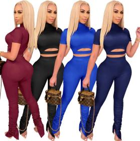 Fashion High Collar Short Sleeves Hollow Out Cropped Top With Stack Pants Two Piece Sets WMZ2603