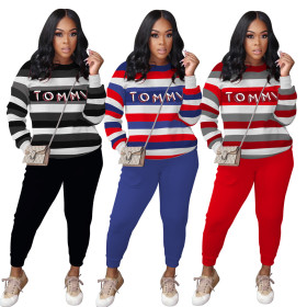 Casual Letter Printed Round Neck Long Sleeves Top With Trousers Two Pieces Sets MTY6396