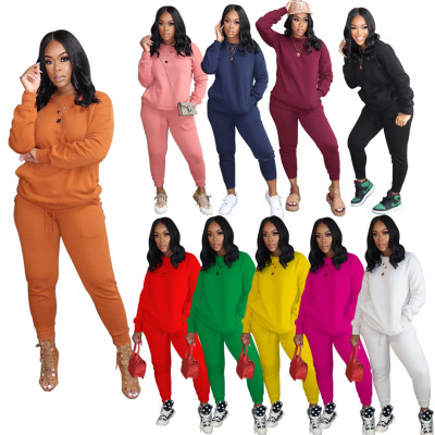 Casual Solid Color Round Neck Long Sleeves Top With Trousers Two Pieces Sets MTY6777
