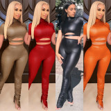 Fashion sexy short leather jacket piled leather pants two-piece suit CYF3763