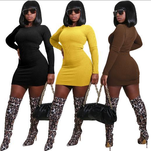 Casual Knitting Solid Color Round Neck Long Sleeves Mini Skinny Dress WMZ2592