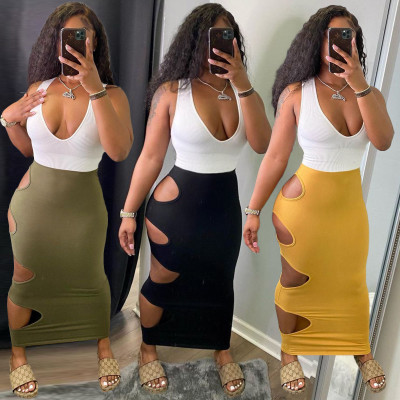 Sexy solid color stitching hole dress KSN8072