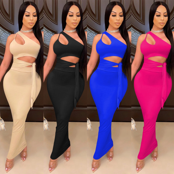 Fashion Suit Irregular Tie Slanted Shoulder Sexy Sleeveless Skirt Long Skirt Bowknot XZ5068