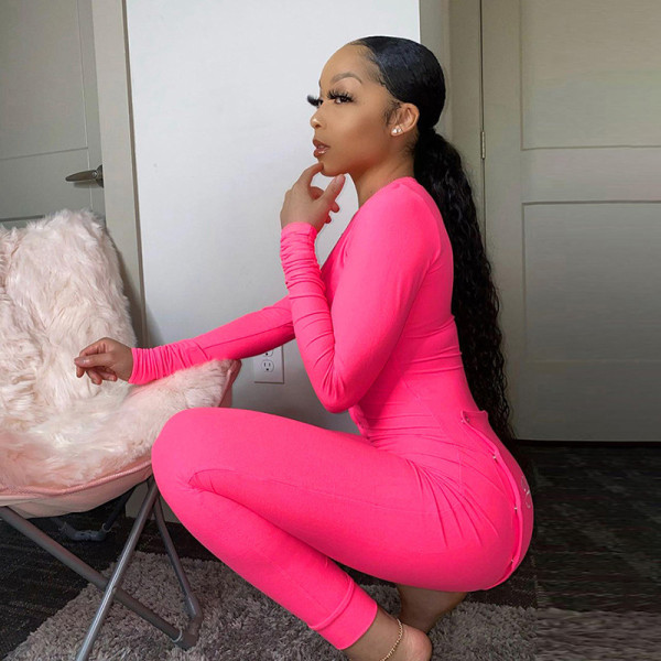 Fashion Button V-Neck Long Sleeves Stitching Skinny Jumpsuit K20Q09818