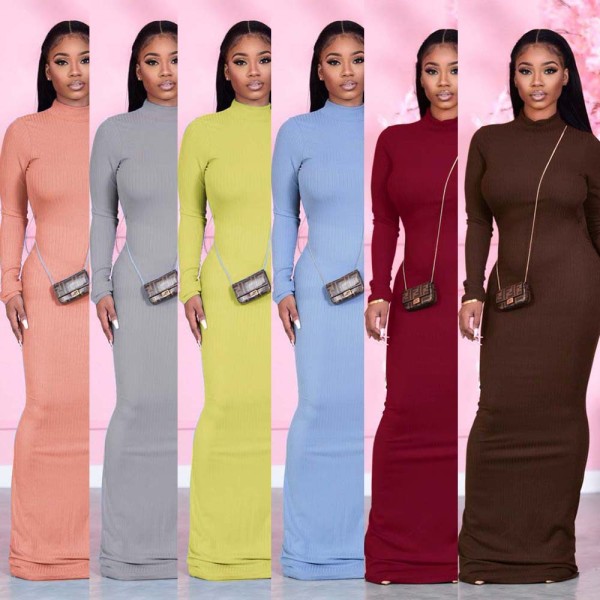 Fashion Solid Color Long Sleeves Backless Skinny Long Dress F262