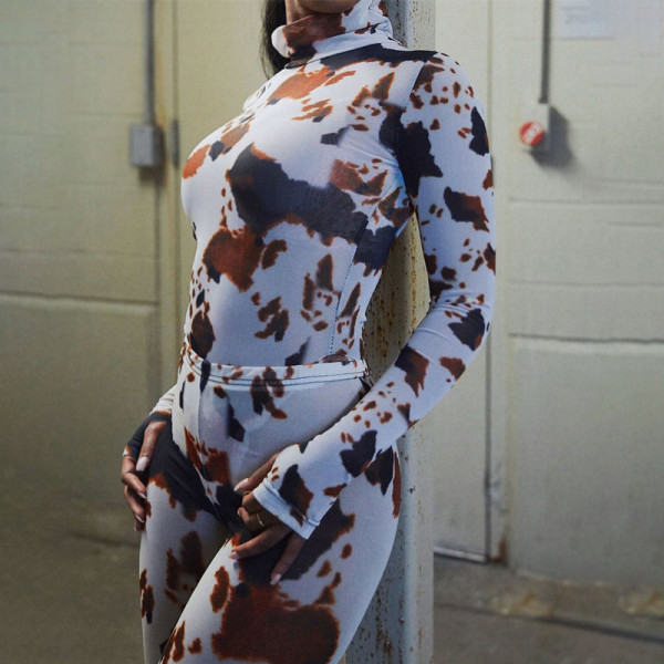 Sexy Perspective Printed High Collar Long Sleeves Bodysuit With Trousers Two Piece Sets S0A3491A