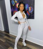 Fashion Zipper V-Neck Long Sleeves Mini Top With Trousers Two Piece Sets MY167