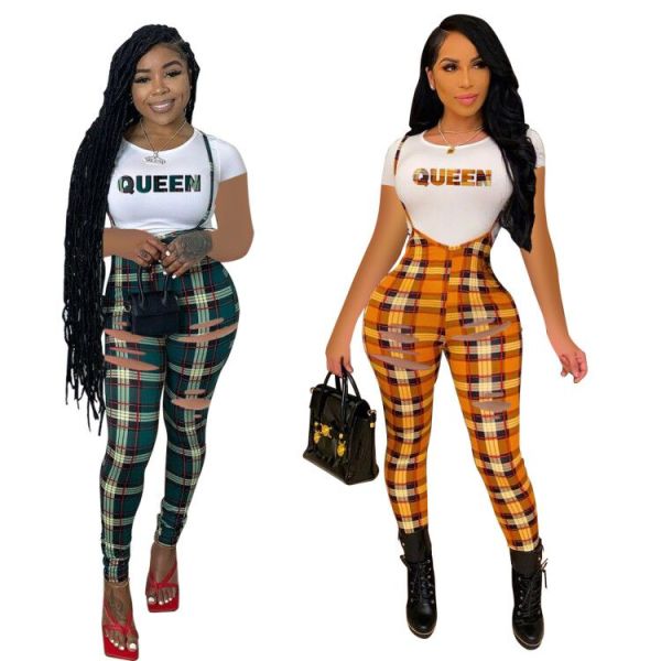 Fashion Letter Printed Round Neck Short Sleeves Tops With Hole Trousers Two Pieces Sets L712