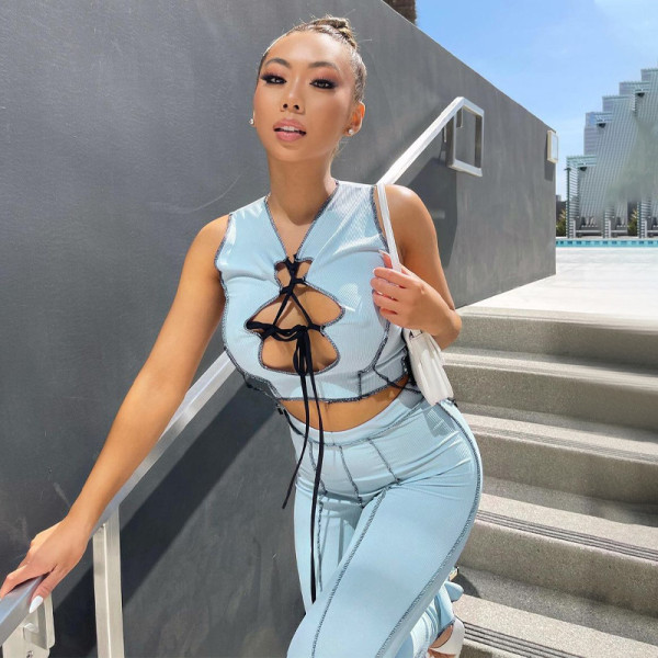 Two-piece fashion casual suit with hollow vest and trousers S144926W