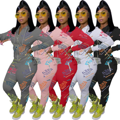Fashion Letter Printed Zipper Long Sleeves Hooded Sweater With Trousers Two Pieces Sets  YX9266