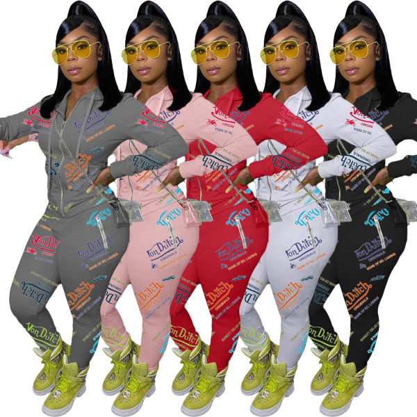 Fashion Letter Printed Zipper Long Sleeves Hooded Sweater With Trousers Two Pieces Sets YX9266