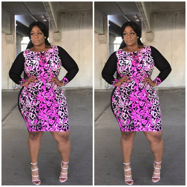 Autumn Sequined Printed Round Neck Long Sleeves Mini Plus Size Dress CCY1351