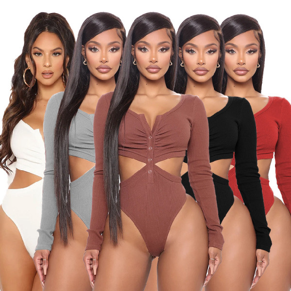 Plus Size Sexy Hollow Out Deep V-Neck Long Sleeves Bodysuit M2990