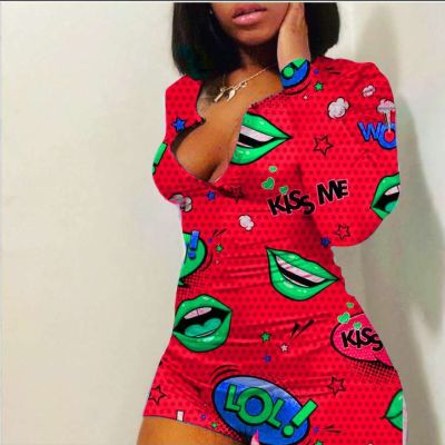 Fashion Plus Size Cartoon Printed V-Neck Long Sleeves Short Pants Jumpsuit SFY6028