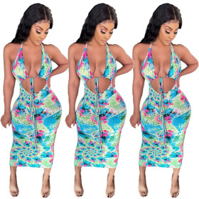 Lace-up halterneck tie-dye dress mid-length skirt summer RM8921