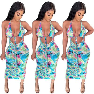 Lace-up halterneck tie-dye dress mid-length skirt summer RM8921