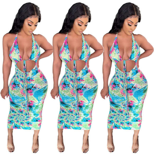 Lace-up halterneck tie-dye dress mid-length skirt summer RM8921