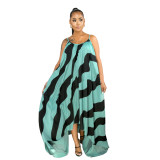 Fashion Striped Printed Suspenders Backless Irregular Long Dress PP007