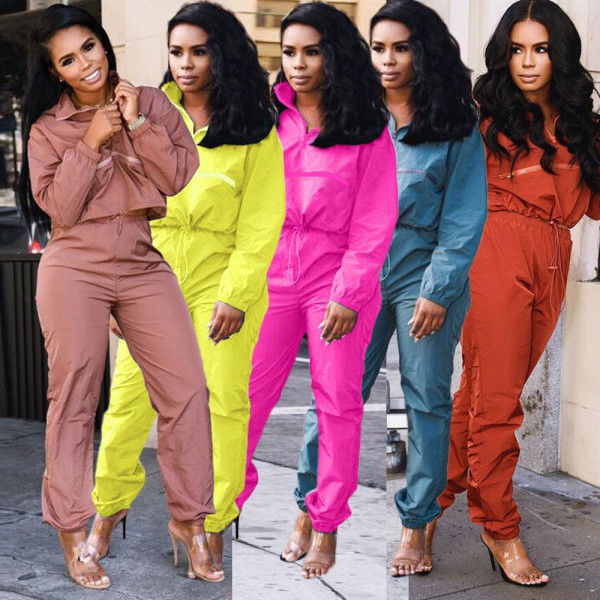 Fashion Solid Color Zipper Long Sleeves Drawstring Top With Trousers Two Piece Sets ORY5054-1