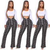 Fashion Plaid Suspender High Waist Wide Leg Pants JCH7033