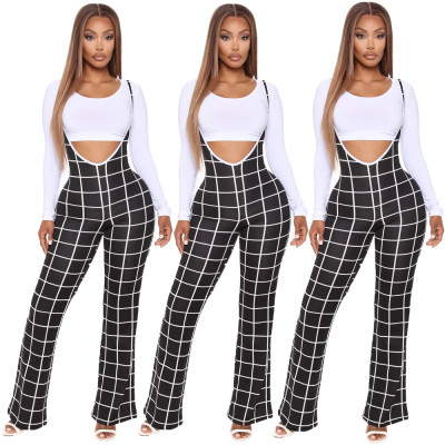Fashion Plaid Suspender High Waist Wide Leg Pants JCH7033