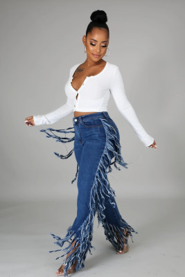 Fashion Solid Color Tassel Split Long Jeans A3236