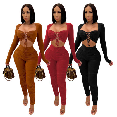 Sexy Solid Color Square Collar Long Sleeves Mini Top With Pleated Trousers Two Piece Sets P8539