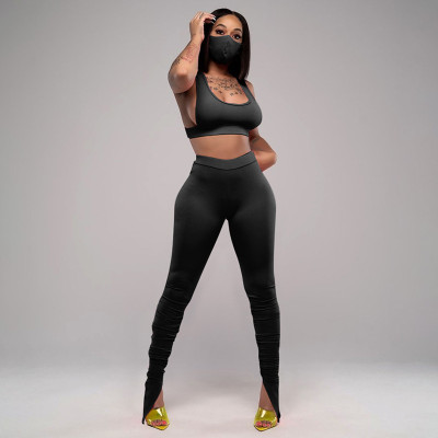 Sexy Suspenders Backless Cropped Tops With Split Trousers Two Pieces Sets  S0A3619A