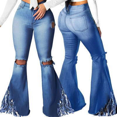 Sexy fashion all-match fringed hole stretch slim flared pants HSF2383