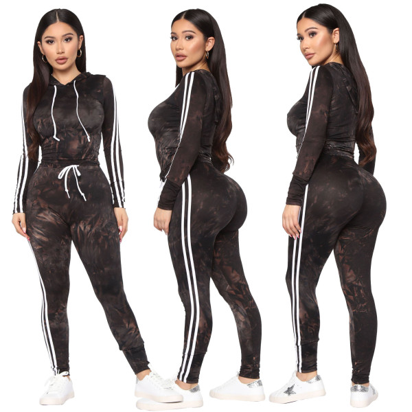 Casual Printed Long Sleeves Hooded Sweater With Drawstring Trousers Two Piece Sets SMR9847