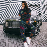 Autumn Pattern Printed Long Sleeves Hooded Sweater With Trousers Two Piece Sets FF1054