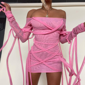One-line neck long-sleeved lace-up fringed mesh short dress M21DS187