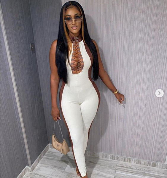 Fashion Contrast Strappy Round Neck Sleeveless Skinny Jumpsuit FF1062