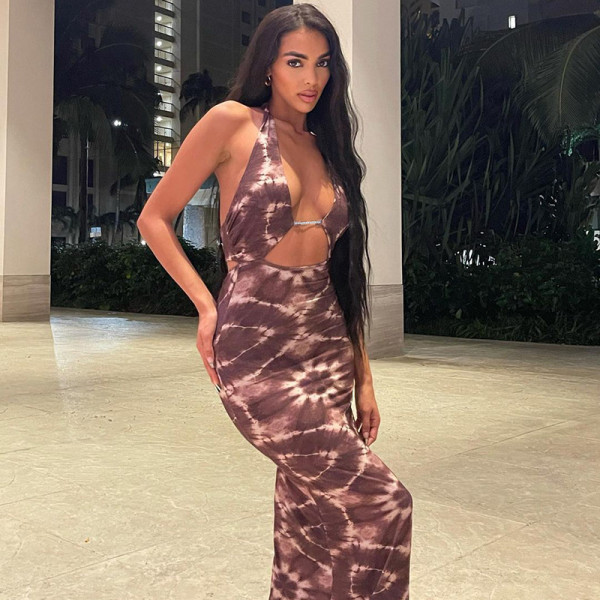 Front cutout lace-up print halter dress D114344G